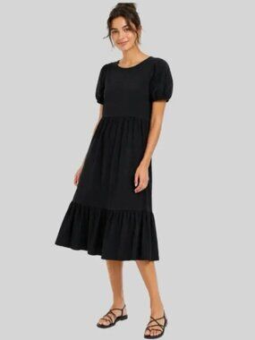 J.Crew Re-Imagined Tiered Midi Dress M Black Cotton Eyelet Puff Sleeve